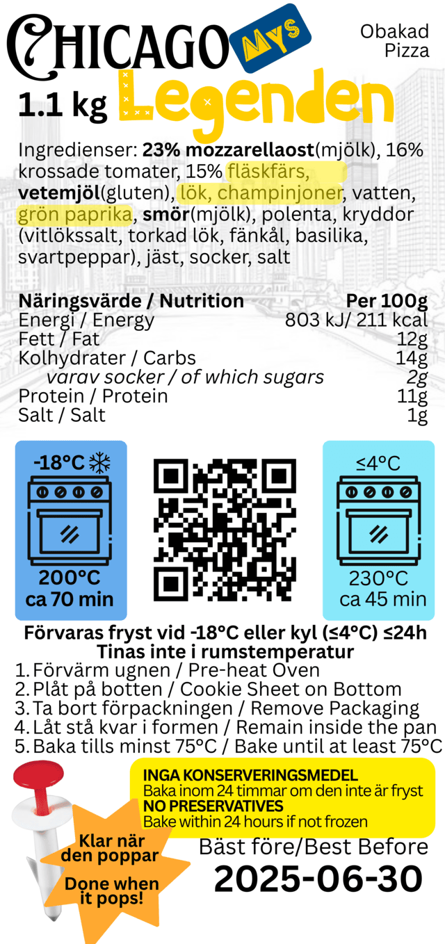 Pizza ingredient label